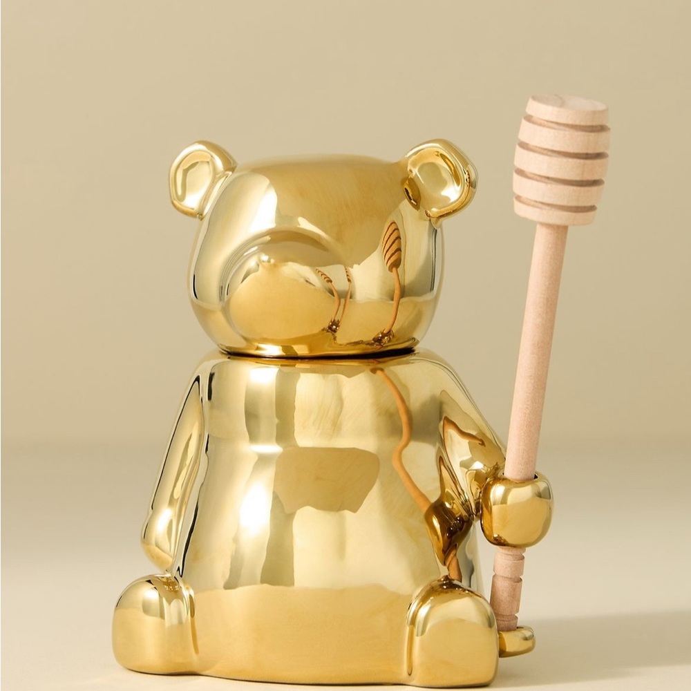 Anthropologie Metallic Honey Pot Stoneware Wood Dipper - Gold